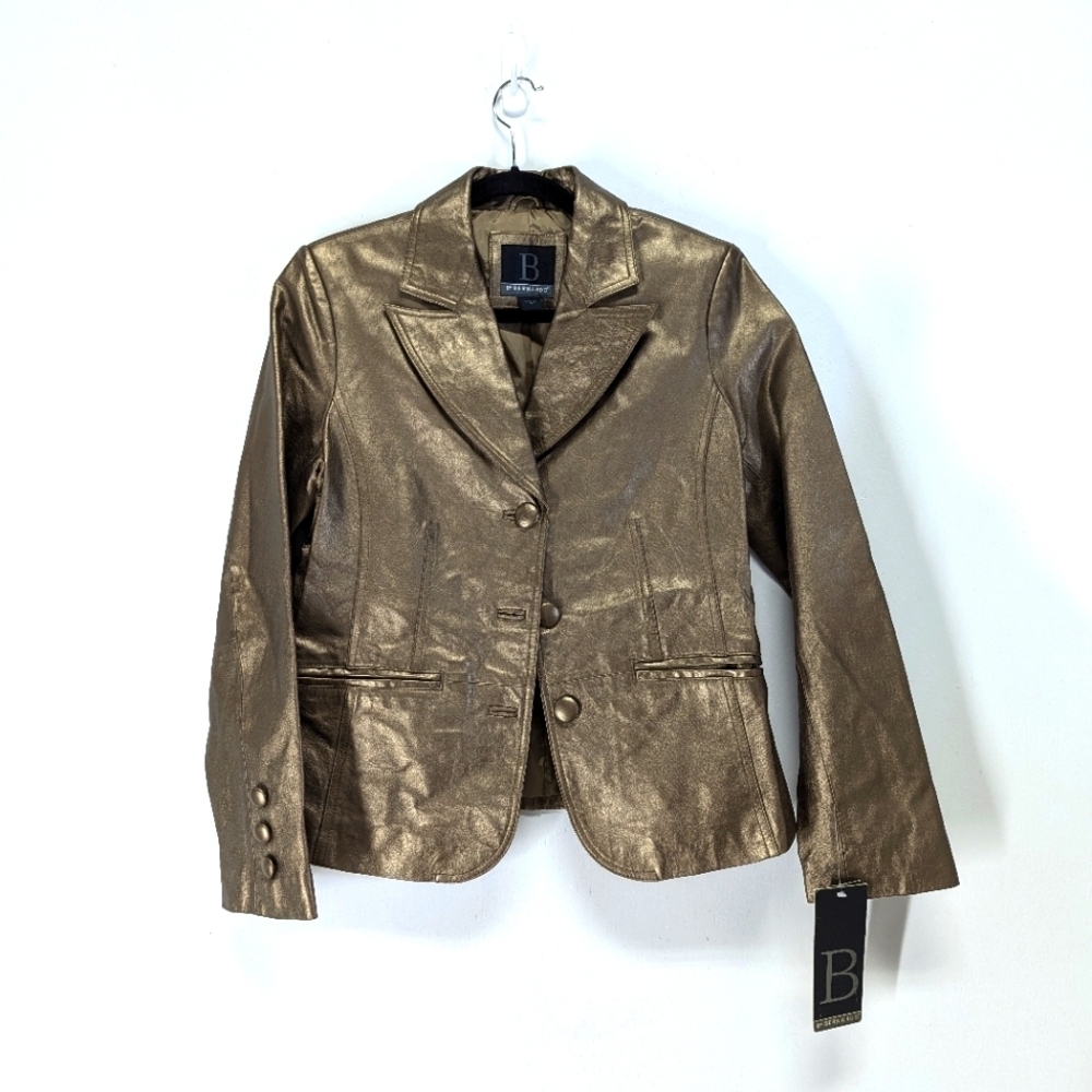 Gold Leather Button-Front Blazer Jacket - Picture 2 of 13